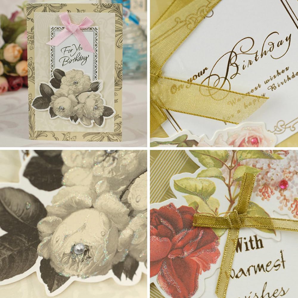 Moin Moin Message Cards Large Value Pack of 18 3D Antique Classic Elegant Floral Collage with Beaded Pink Foil Thank Thank Fancy Retro Design +