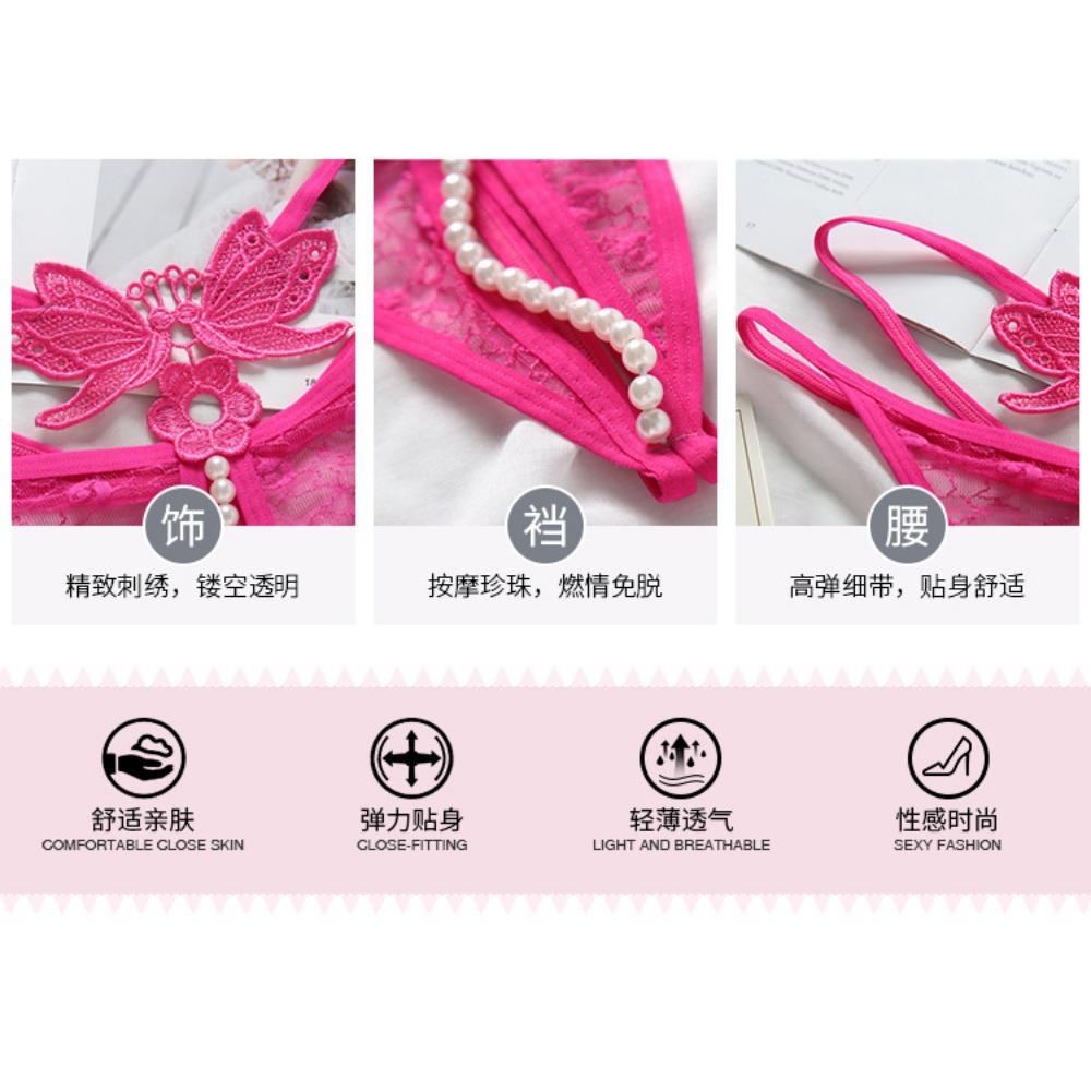 European and American Perspective Lace Panties Women's Pearl Massage Open Crotch Transparent Sexy Thong T Pants Low Waist 2199