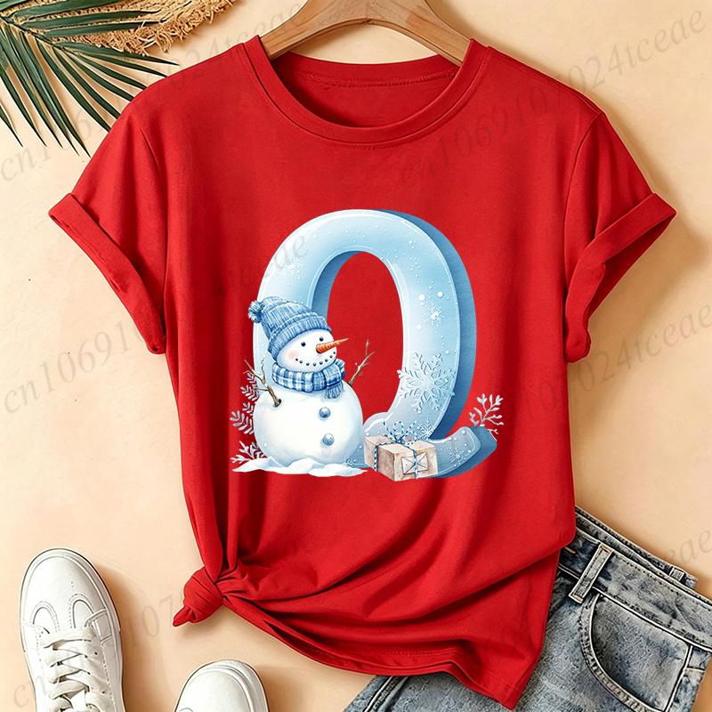 Christmas Snowman Alphabet T-Shirt Women Blue Ice Alphabet Graphic Tees Christmas Holiday Casual Red Short Sleeve Unisex Tops