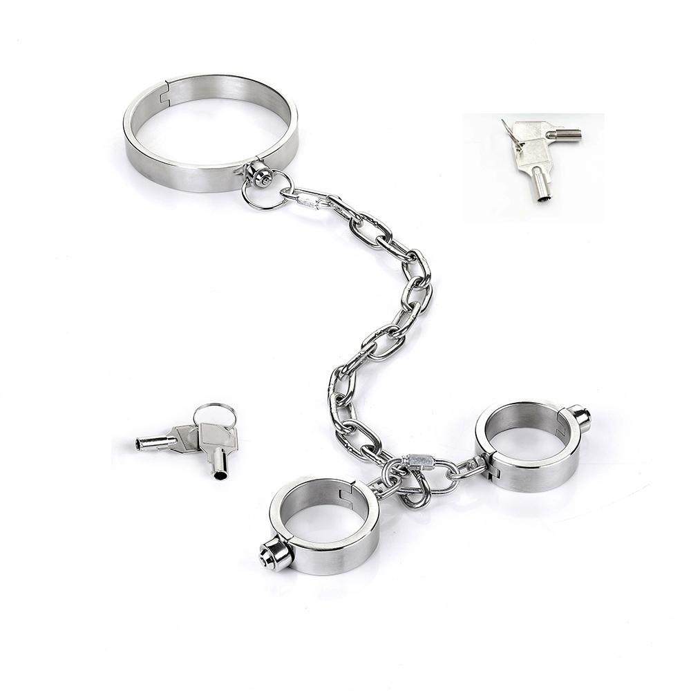 Těžká nerezová ocelová pouta na ruce a kotníky Set Otrok Omezovací sada Kovový obojek Odnímatelná pouta Sexuální hračky pro páry