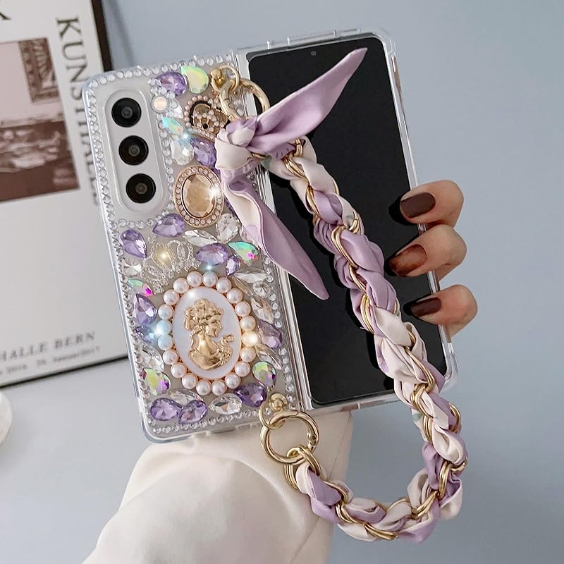 Omio для Galaxy Z Fold 5 Чехол со стразами, с ручным ремешком-цепочкой, браслет, шелковый шарф для девочек, женщин, блестящий, стразы, жемчуг, кристалл, блеск, бриллиант Samsung Galaxy Z Fold 5 фиолетовый