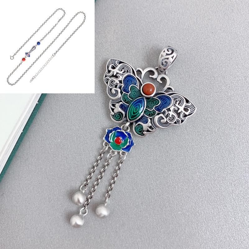 

Изысканная эмалевая сине-зеленая подвеска-кисточка в виде бабочки в ретро этническом стиле, ожерелья с благоприятными облаками, свадебные украшения 45cm