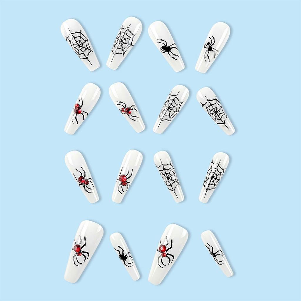 24Pcs Long Coffin Press On Nails with Glue Halloween White Spider Web Acrylic Nail Set