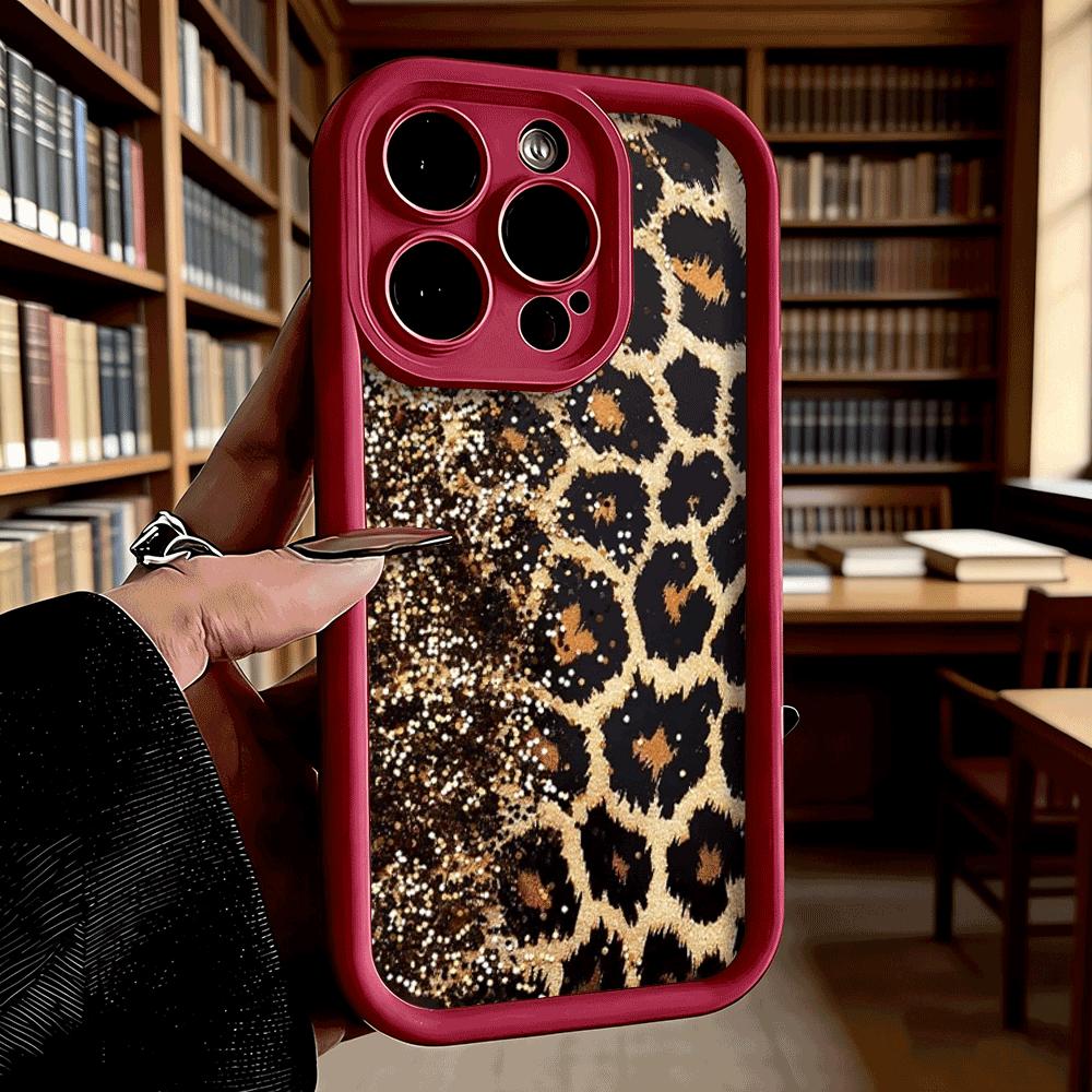 Gold Glitter Leopard Print Phone Case for iPhone 17 16 15 14 13 12 11 Pro Max Plus Anti Scratch, Gel Flexible Protective