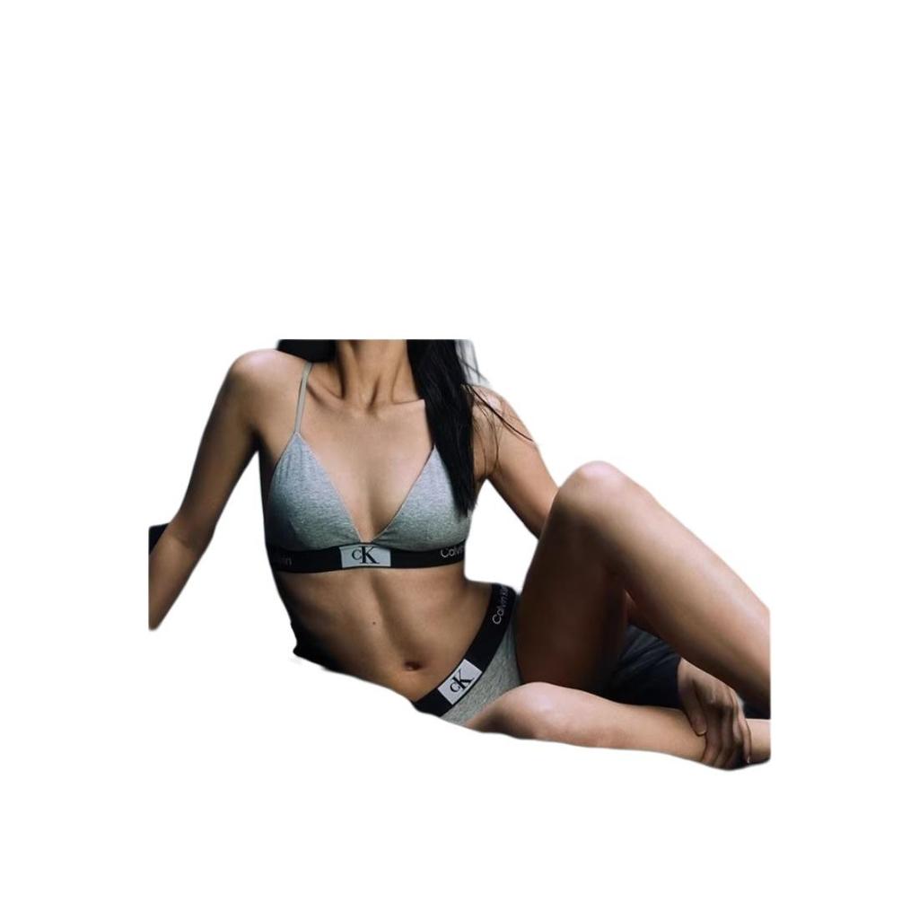 Calvin Klein 1996 Letter Jacquard Comfortable Triangle Bra Mid-Rise Underwear Set Women Underwear Gray QF7217-050+QF7222-050