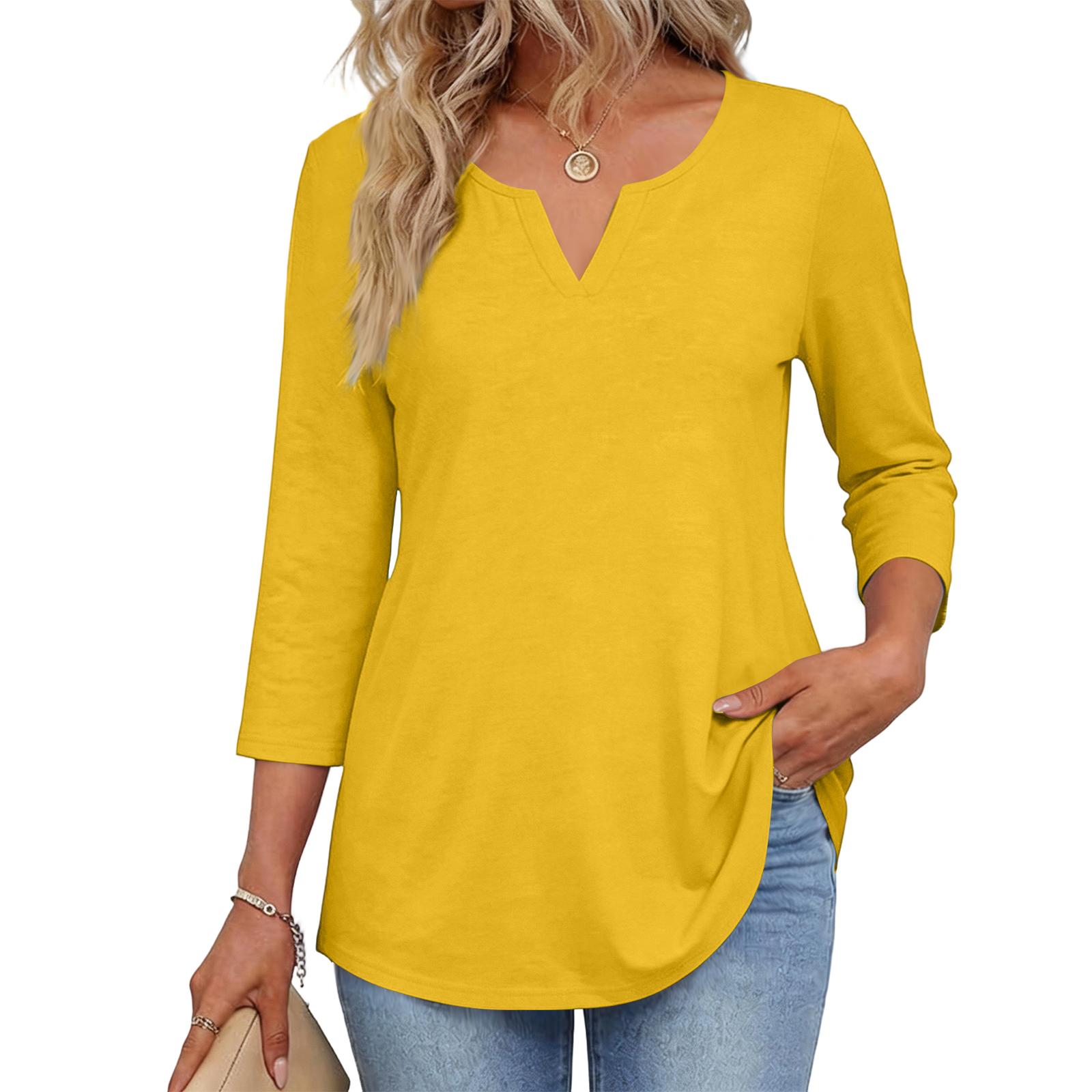 

Women s Fashionable Casual V-neck Round Neck 3/4 Sleeve Top XL жовтий
