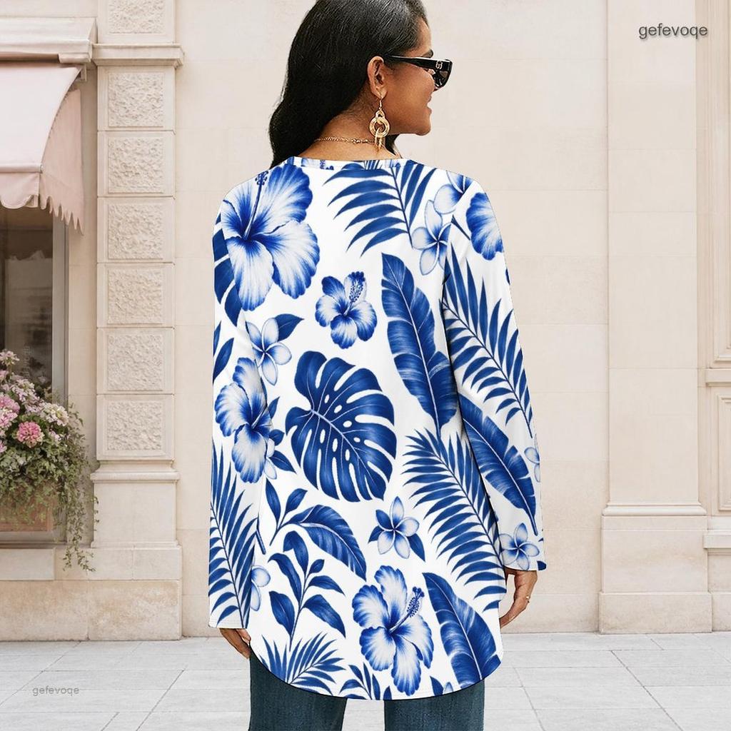 Women Plus Size Round Neck Long Sleeve Tropical Leaf Floral Printed Loose High Low Hem T Shirt