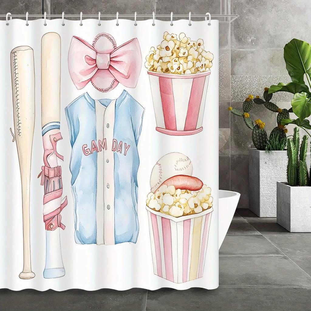 Vintage Watercolor Baseball Bowknot Popcorn Print Shower Curtain with 12 Hooks - Polyester Bathroom Decor