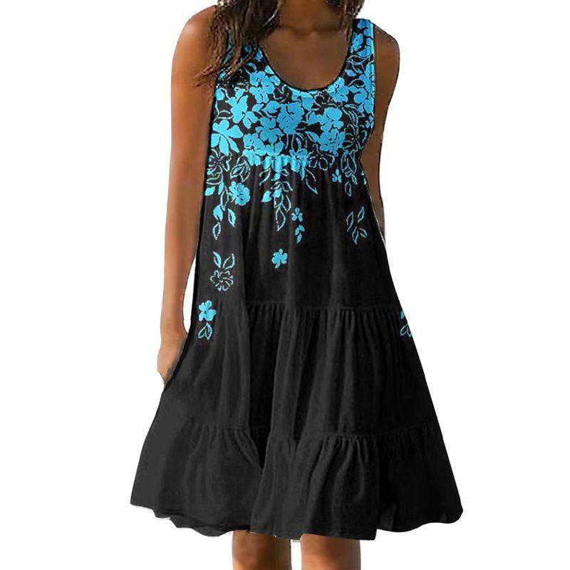 

Europe and America Cross Border Export Trendy Women s Summer Floral Dress Sleeveless Printed Ruched Vest Skirt Plus Size Plus Size Ladies Loose Blue Flowers + Black XL(Bust size 108)