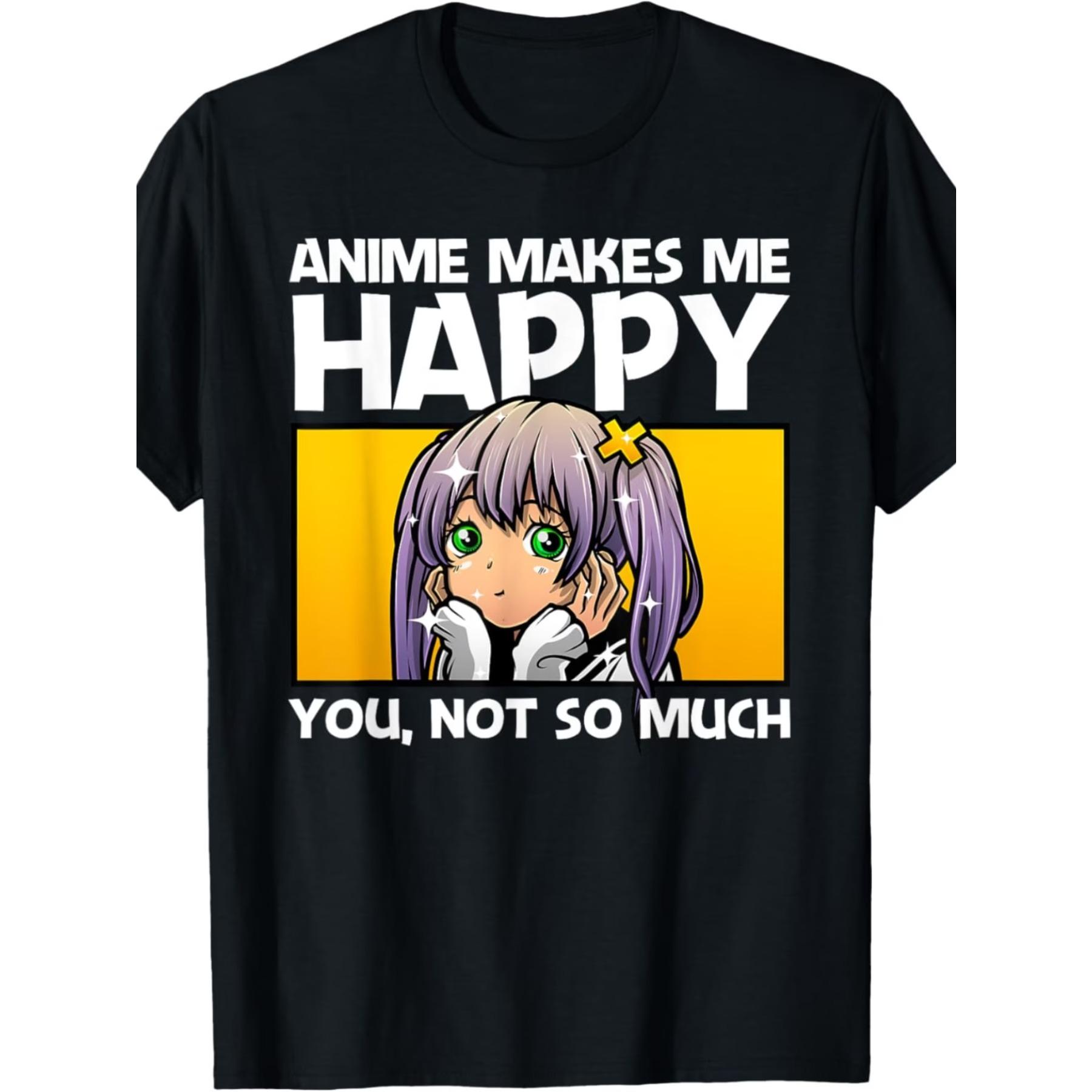 Anime Makes Me Happy Plus Size T-Shirt - Fun Black Tee with Cartoon Anime Girl Design, Bold White Text and Sparkles S чёрный