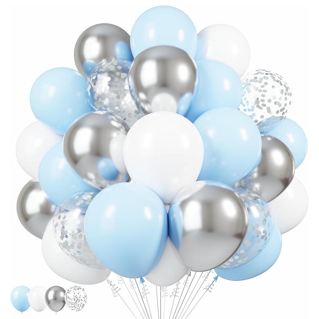 12inch-50pcs blue silver and white latex balloon set with confetti, suitable for weddings, birthdays, pop parties