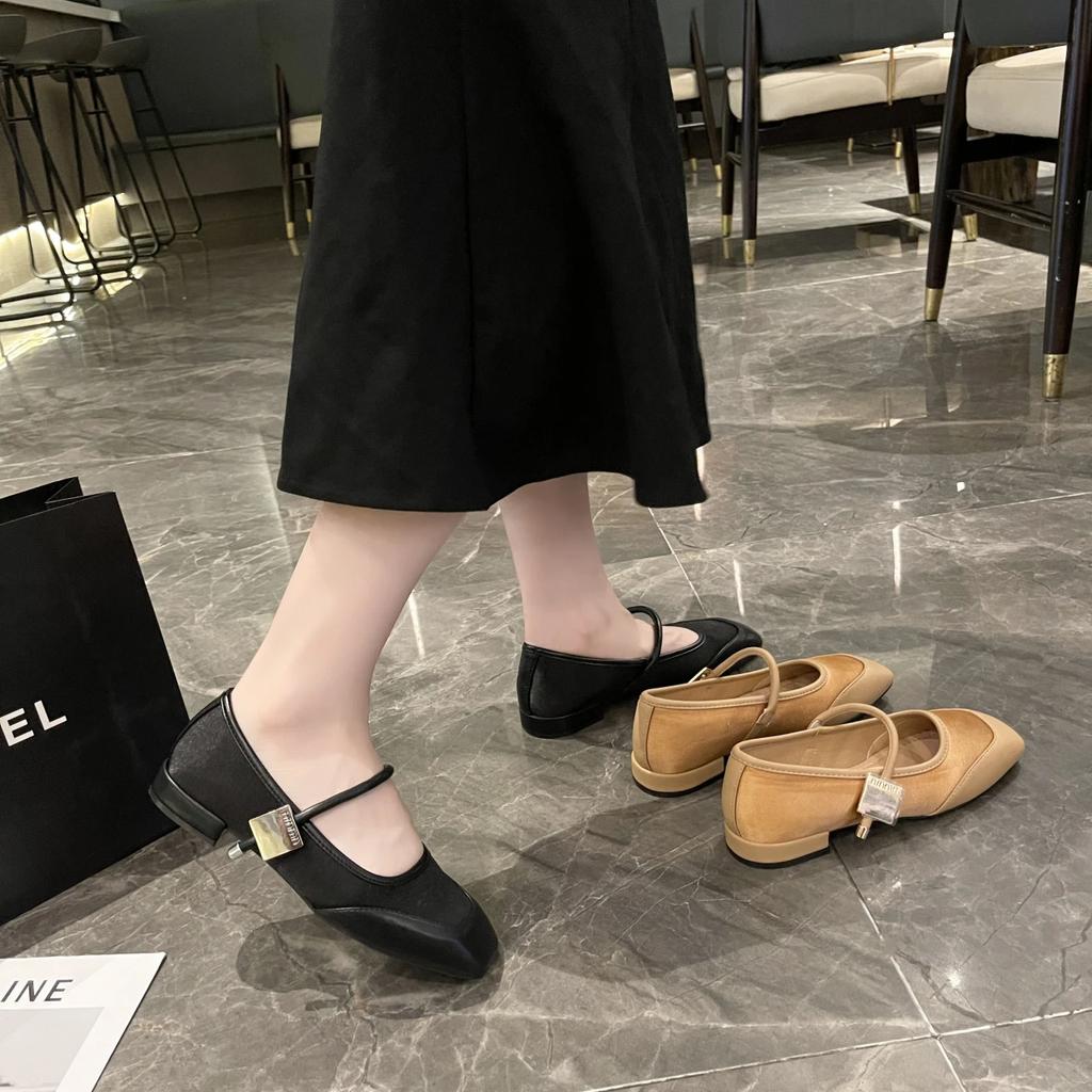 2024 Fashion Flats Women Genuine Cow Leather Cloth Square Toe Metal Decoration Patchwork Ladies Shoes Handmade