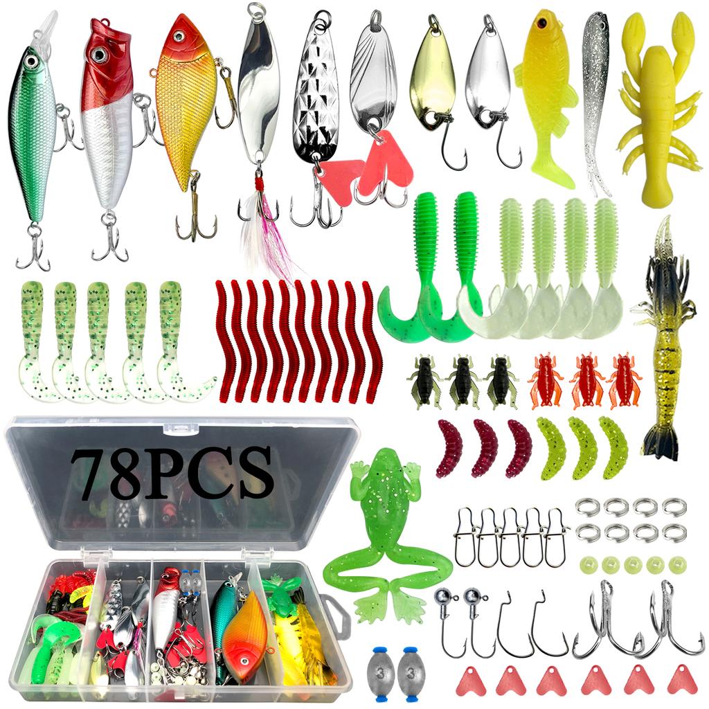 78/122 Piece Fishing Bait Kit for Top Water Fish Bait Rack, Fishing Gear Kit for Sea Bass and Salmon Fishing Accessories with Random Color Samples