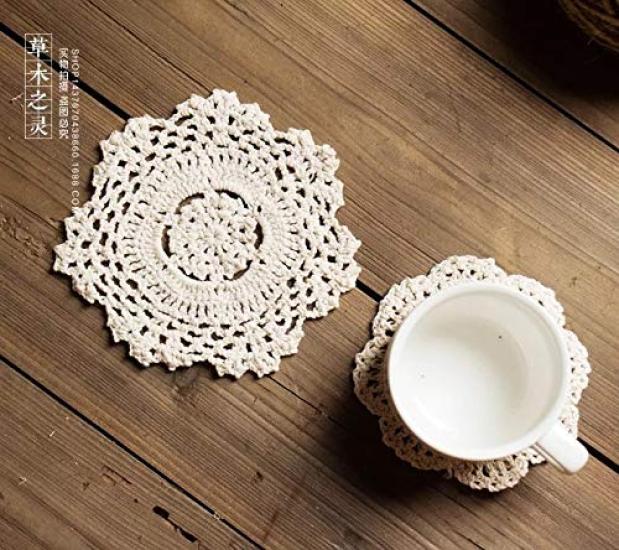 Kouso 10 Coasters, Antique Lace Style, Country Style, Blanche Doily, Beige, Cotton Crochet, Hand-Knitted, Absorbent, Washable (Pack of 10)