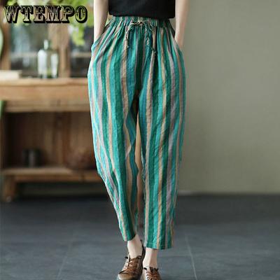 Γυναικείο ριγέ Cropped Παντελόνι Loose Oversized Παντελόνι Haren Καλοκαιρινό ρετρό καλλιτεχνικό λεπτό παντελόνι casual