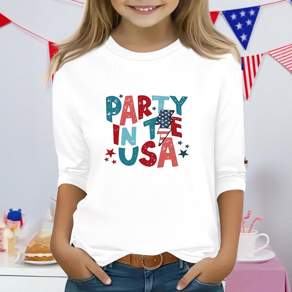 Druckoberteile für junge Mädchen 3-10 Jahre Rundhals 3/4-Ärmel T-Shirts Trendige Oberteile Outfit T-Shirts