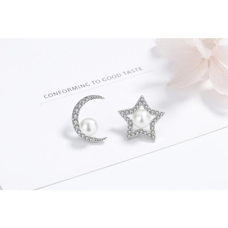 Zirkon Stern Mond Asymmetrische Ohrstecker für Damen Schlichte und Modische Stern- und Mond-Süßwasserperlen-Ohrringe