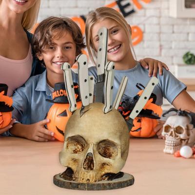 Skull Cutter Holder Horror Skull Resin Figurine Kitchen Countertop Cutter Block Organizer Stand