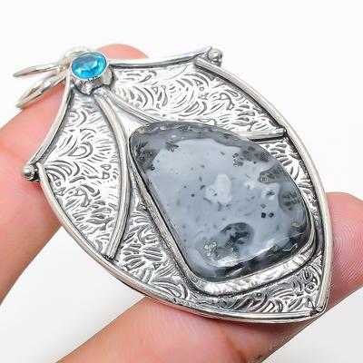 Jasp Maligano Natural, Topaz Albastru Argint Sterling 925 Pandantiv 2.76" A2e73