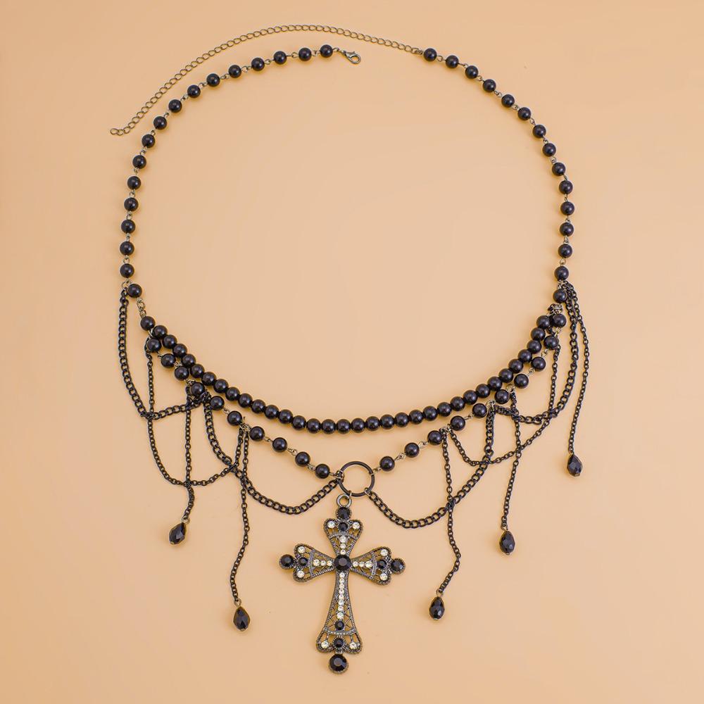 Zinc Zinc Alloy Cross Black Chain Belt Acrylic Beads Crystal Tassel Waistband  Skirt Suit Decoration