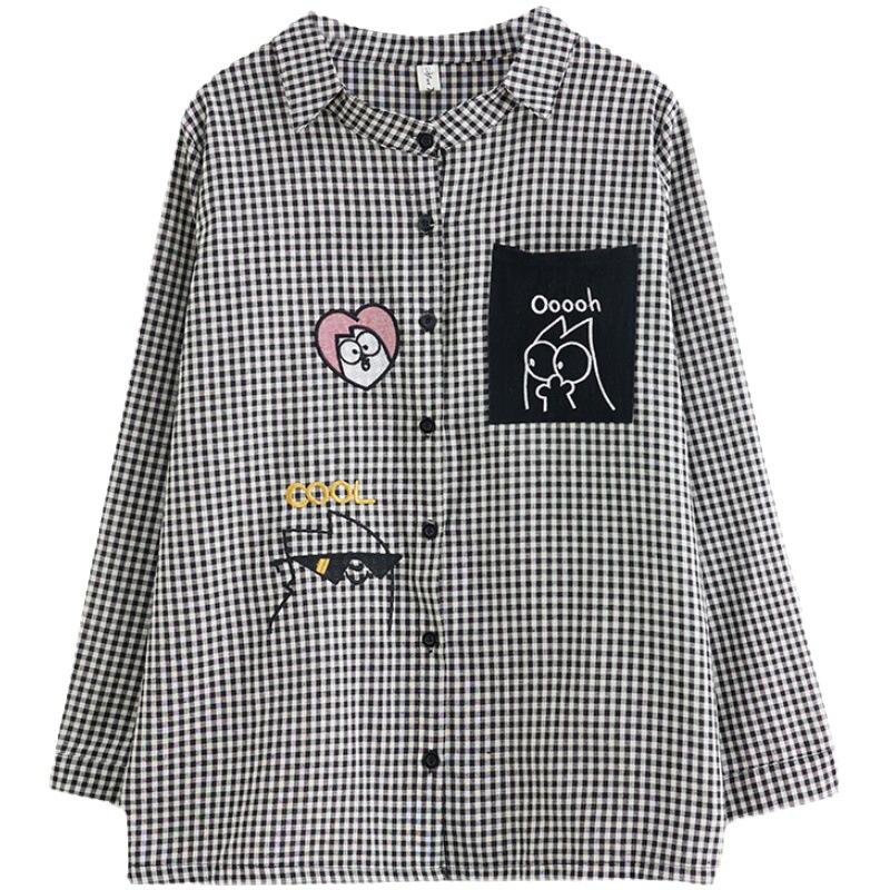 Lente Koreaanse Losse Geruite Kraag Lange Mouwen Shirt Dames