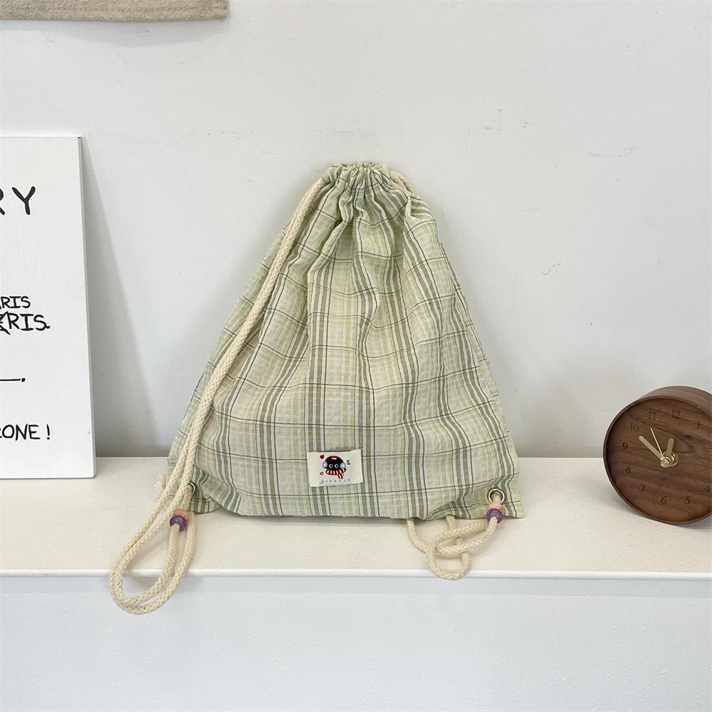 New Fashion Trend Drawstring Backpack Beaded Summer Plaid Canvas Backpack Simple