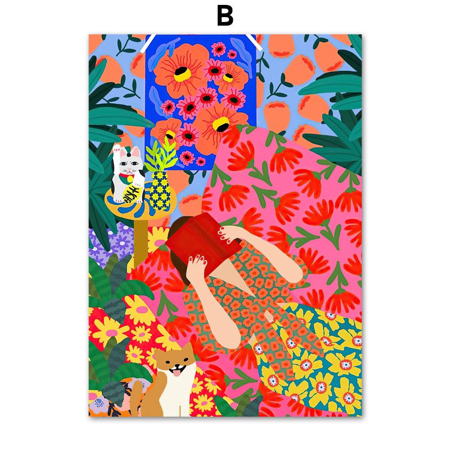 Nordic Retro Poster Boho Abstract Colorful Girl Flower Leaf Animal Wall Art Print Canvas Painting Decor Pictures For Living Room