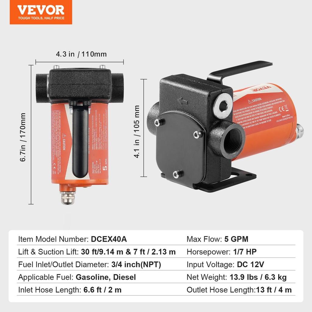 Fuel Transfer Pump 12V 5 GPM 1/7 HP Diesel Pump with Auto Fuel Nozzle