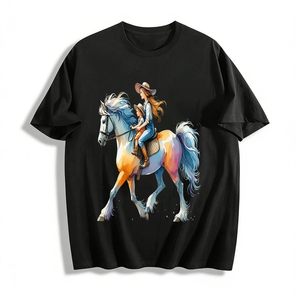 Watercolor Style Parent-Child Horse Riding Print Casual Top Pure cotton T-shirt XXS