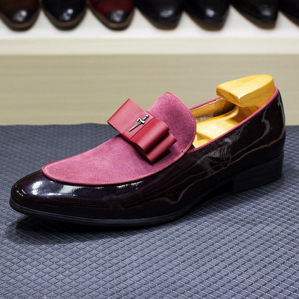 Handmade Men's Genuine Leather Patent Suede Loafers Patchwork Bow Tie Dress Shoes for Wedding Banquet Formal Occasions