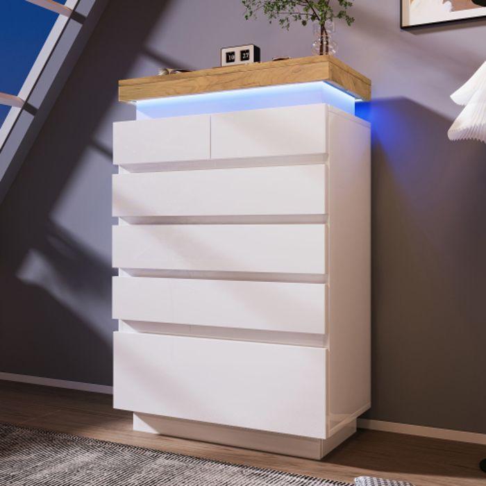 Commode, Buffet Brillant Avec 6 Tiroirs, Éclairage LED (commandé Par L'application), 115 X 73 X 39 Cm, Blanc