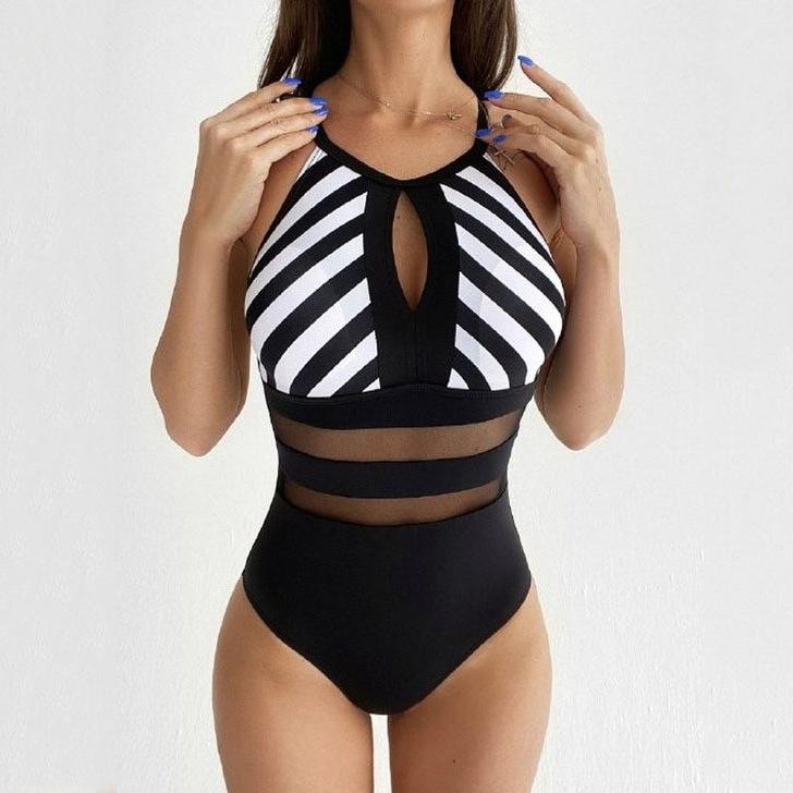 

New sexy and fashionable turtleneck halterneck striped onepiece swimsuit for women S чёрный