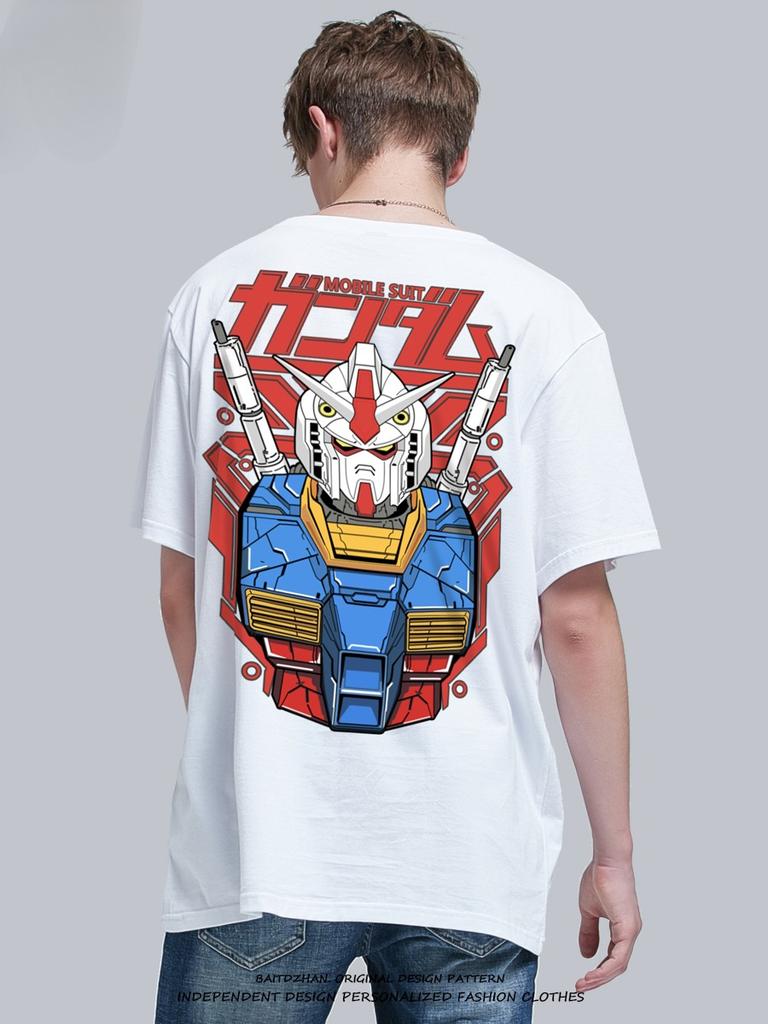 Gundam Shortsleeved Printed Tshirt 2025 Summer Male Tide Brand Cartoon Printing Pure Cotton Loose Youth Round Neck Tshirt