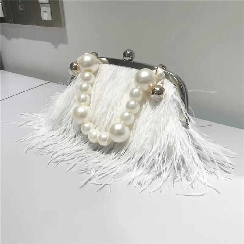 2025 Luxus Mode Damen Tasche Straußenfell Feder Quaste Abendtaschen Damen Tages Clutches Party Hochzeit Geldbörsen Kette Handtasche