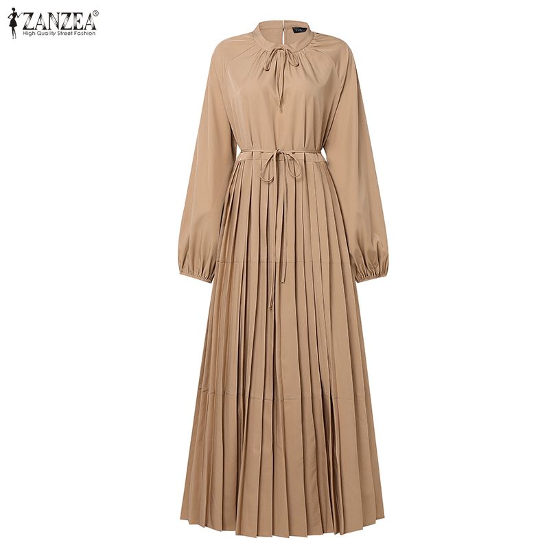 ZANZEA Women Casual Round Neck Solid Color Long Sleeve Loose Dress