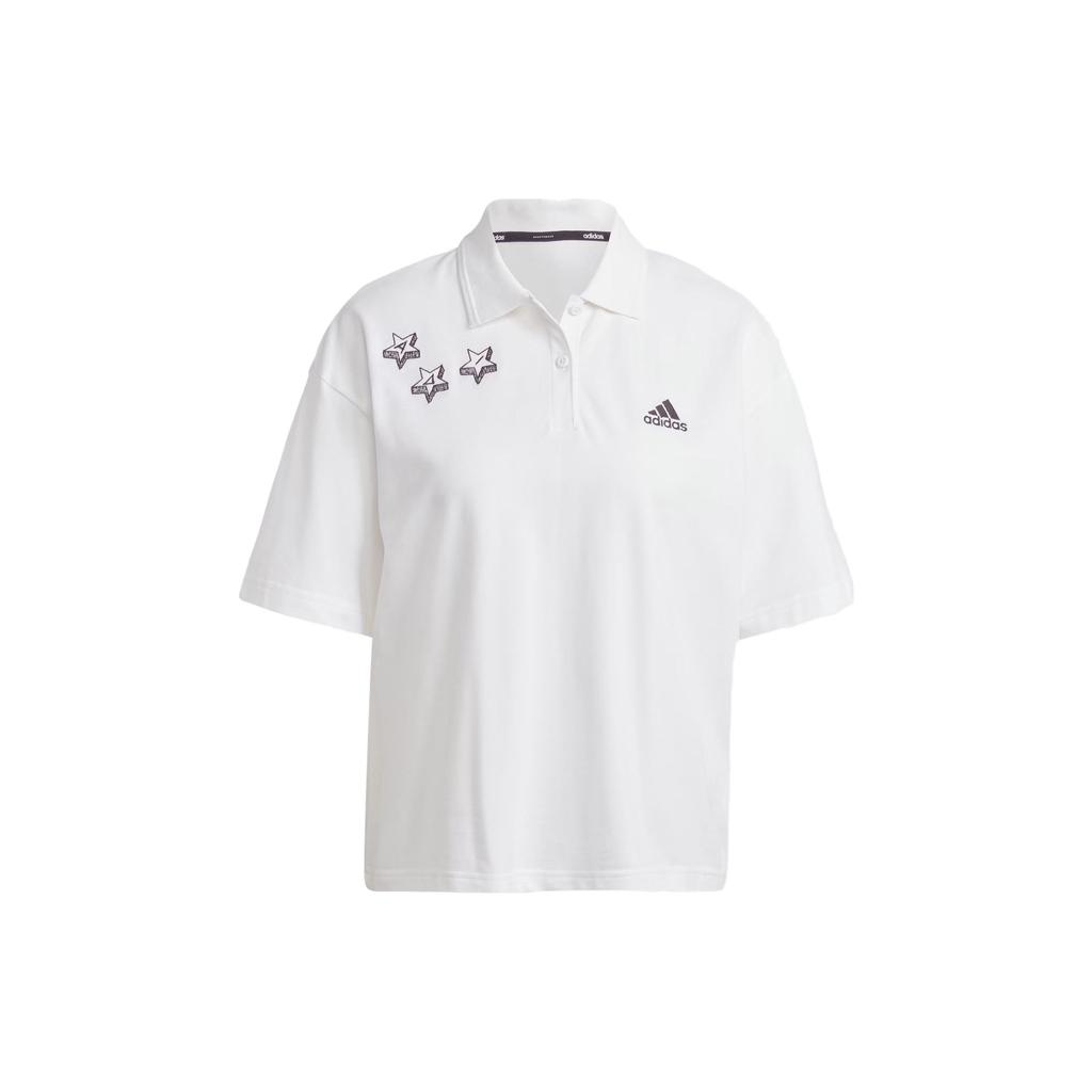 Adidas Scribble Embroidery Polo Shirt Cartoon Letter Print Short Sleeve Women Polo Shirts White IA3160