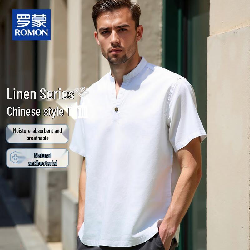 ROMON Men s Casual Linen Blend V-Neck T-Shirt L