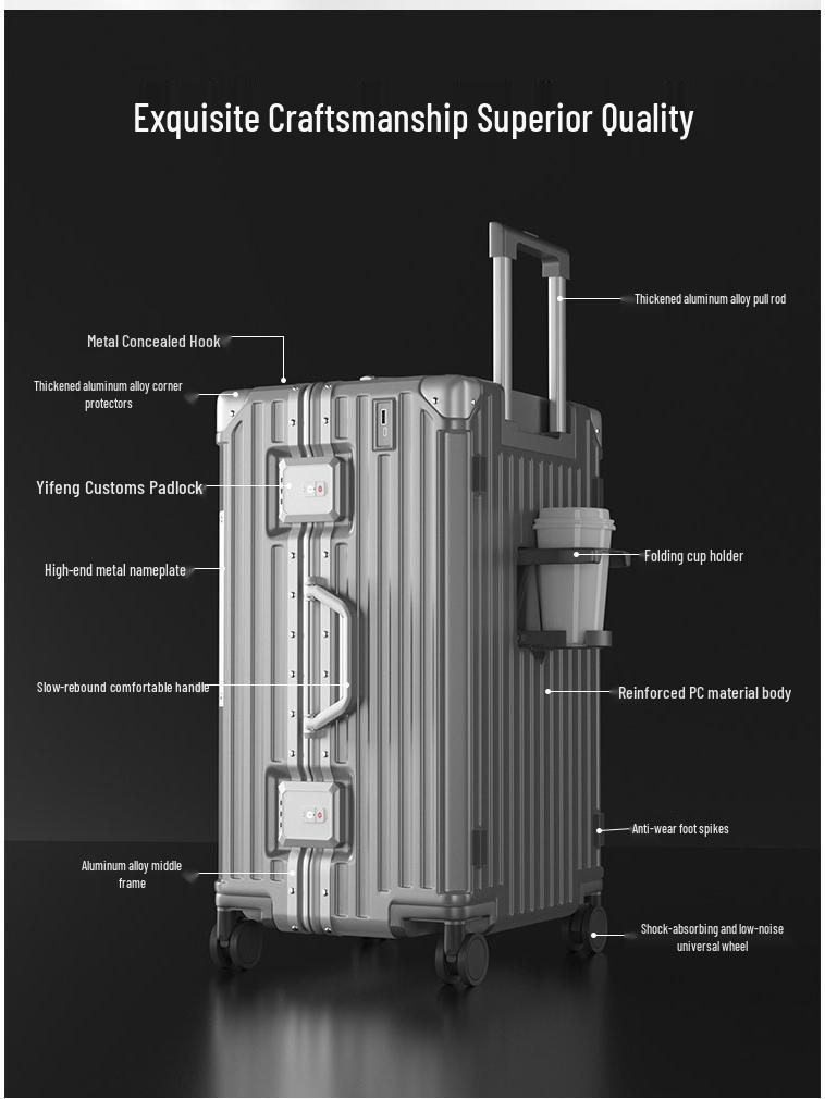 Large 24/26-Inch Multifunctional Aluminum Frame Suitcase with Universal Wheels for Men & Women's Travel