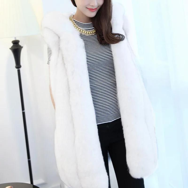 S-4XL Winter Warm Striped Faux Fox Fur Thick Overcoat Women Casual Long Vest Female Open Stitch Cardigan With Hat Slim Coat
