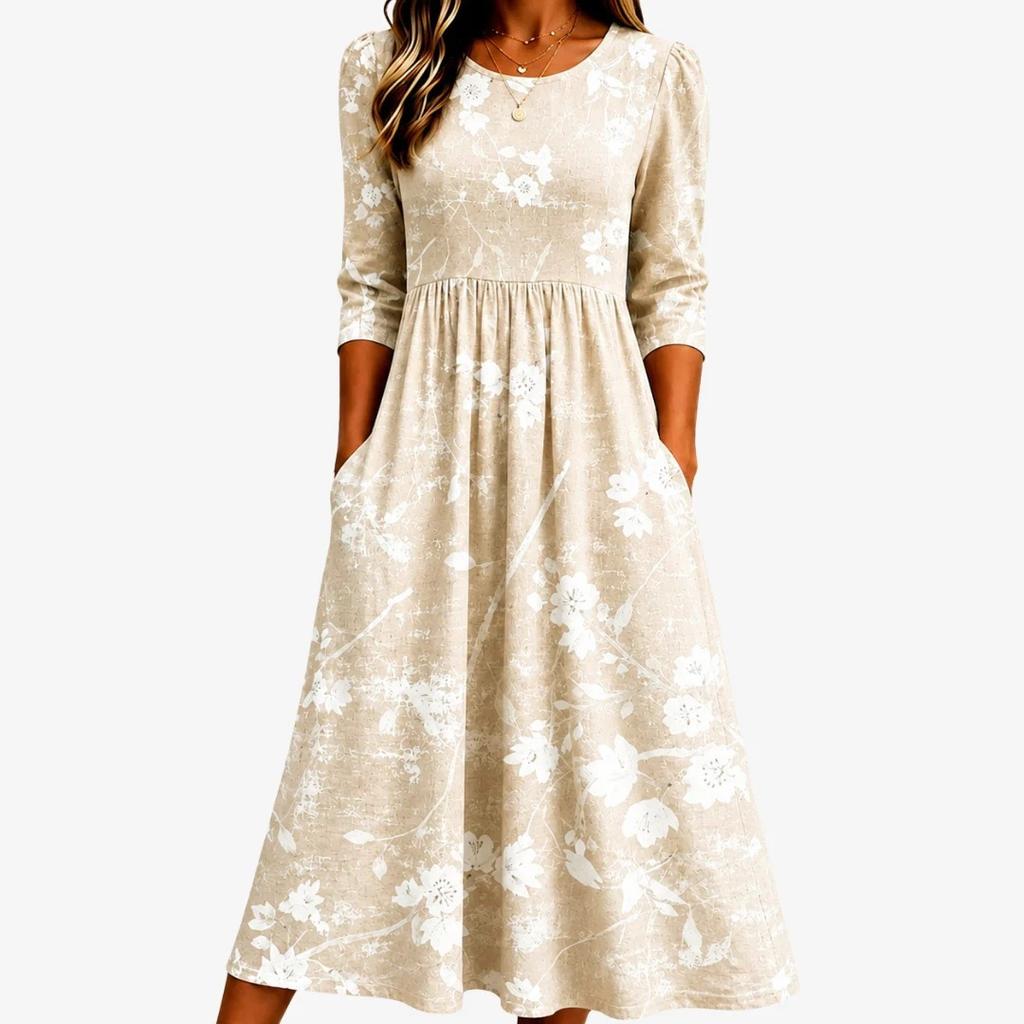 Spring and Summer 2026 New Round Neck 7-point Sleeve Casual Loose Long Printed Dress - Bamboo Hemp