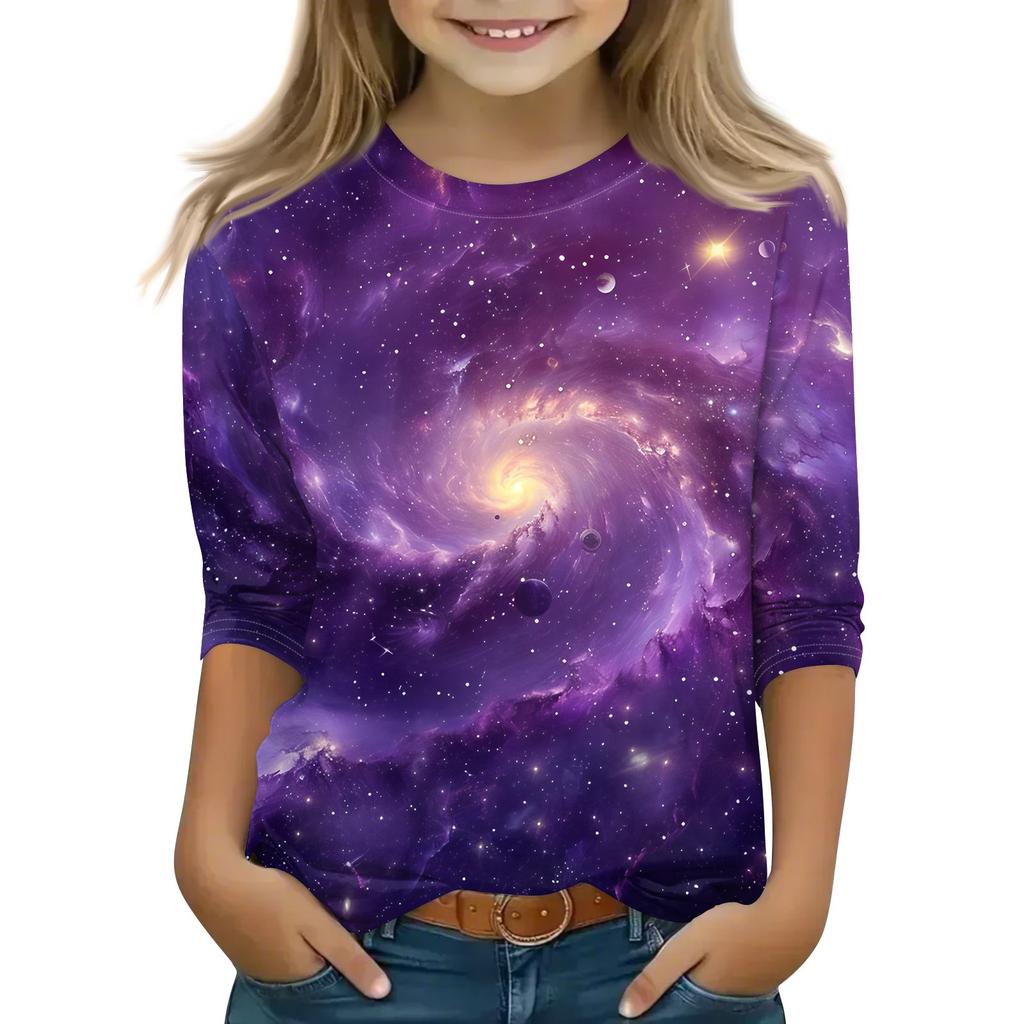 Bedruckte Oberteile für junge Mädchen von 5–16 Jahren, Rundhalsausschnitt, 3/4-Ärmel, T-Shirts, trendige Oberteile, Outfit-T-Shirts