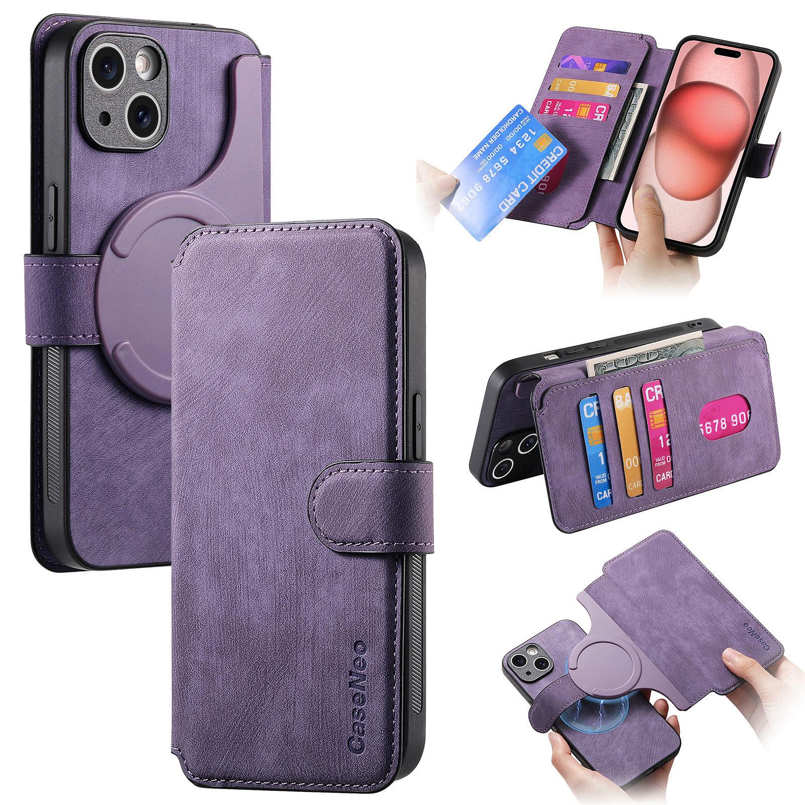 

CASENEO MW-03 For iPhone 15 Plus Case with Detachable Wallet Leather+TPU Phone Cover Purple