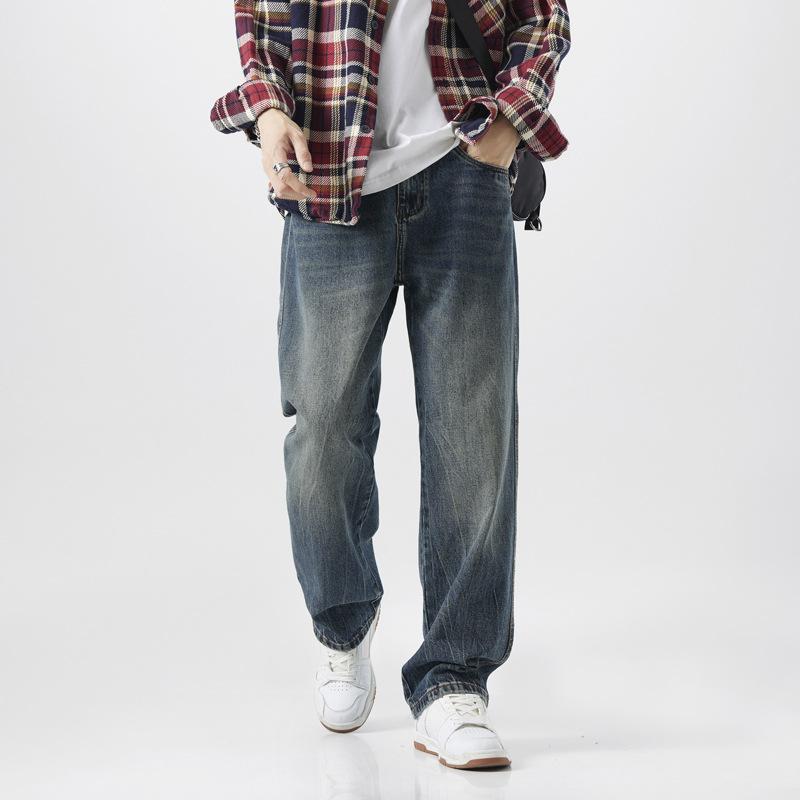 American high street washed jeans men's versatile vie style loose straight trousers trendy wide-leg trousers denim
