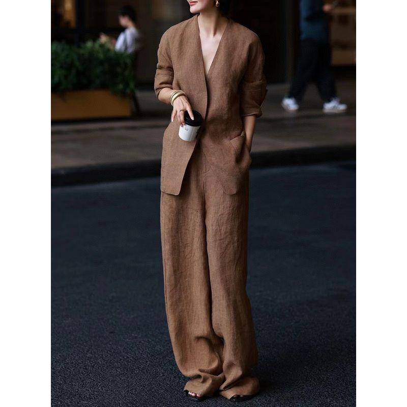 

2024 Early Autumn New Arrival French Style Casual Drop Shoulder V-neck Suit Loose Pants High Count Linen Fabric Suit Elegant Tide