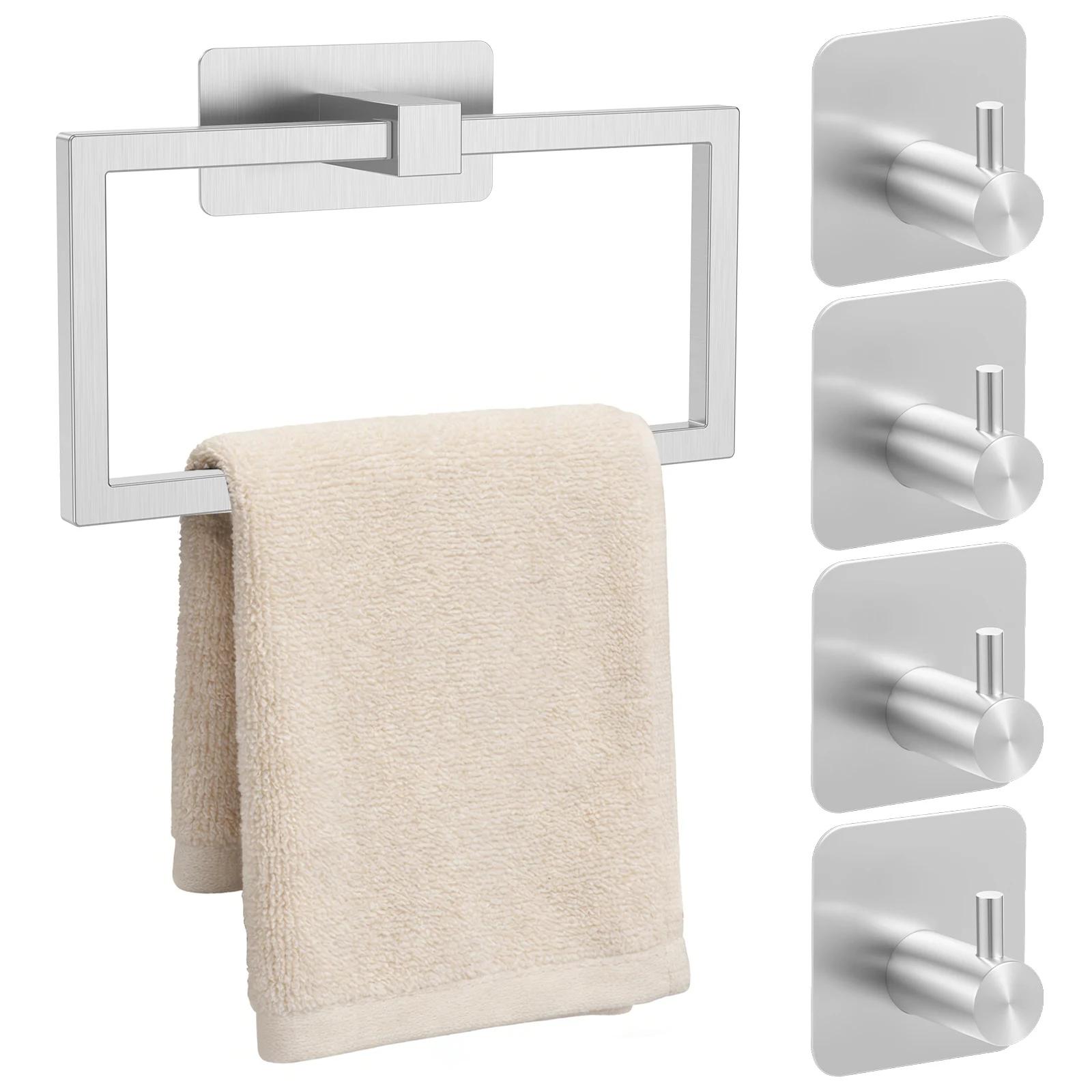 5Pcs Bath Towel Ring Hook Set Stainless Steel Bathroom Hardware Set Wall Mounted Towel Rack Self-adhesive Towel Hook for Home