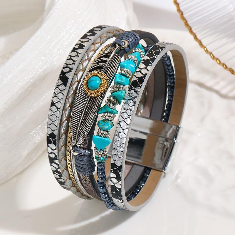 Boho Style Stone Feather Leather Bracelet With Magnetic Clasp Adjustable Bohemian Wristband Women Men Silver with Turquoise Stone