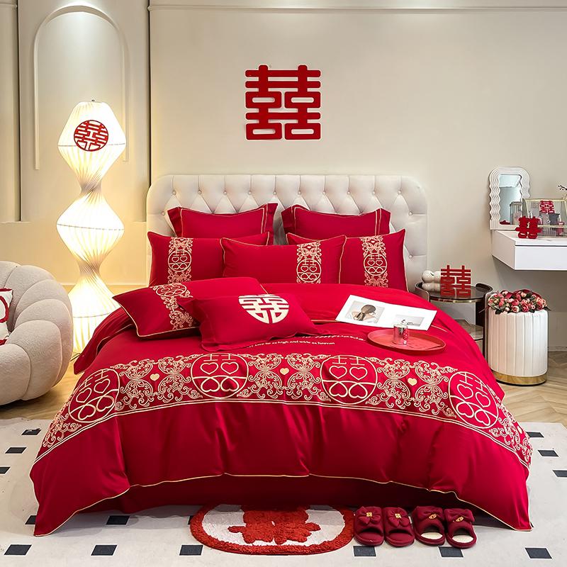 Skin Friendly Cotton Brushed Wedding Embroidery 4-piece Set, Big Red Wedding Bed 4-piece Set, Modern Style Wedding 4-piece Set