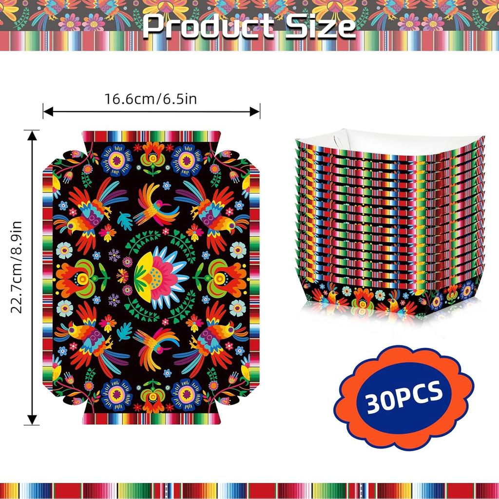 30 Pack Fiesta Mexican Food Trays, Floral and Serape Stripe Design Disposable Paper Serving Containers Boats for Taco Nights, Nachos, Fries, Popcorn,