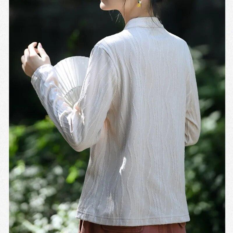 Johnature Chinese Style Vintage Frenulum Jacquard Collar Shirt Autumn Woman Solid Color Long Sleeves Shirt