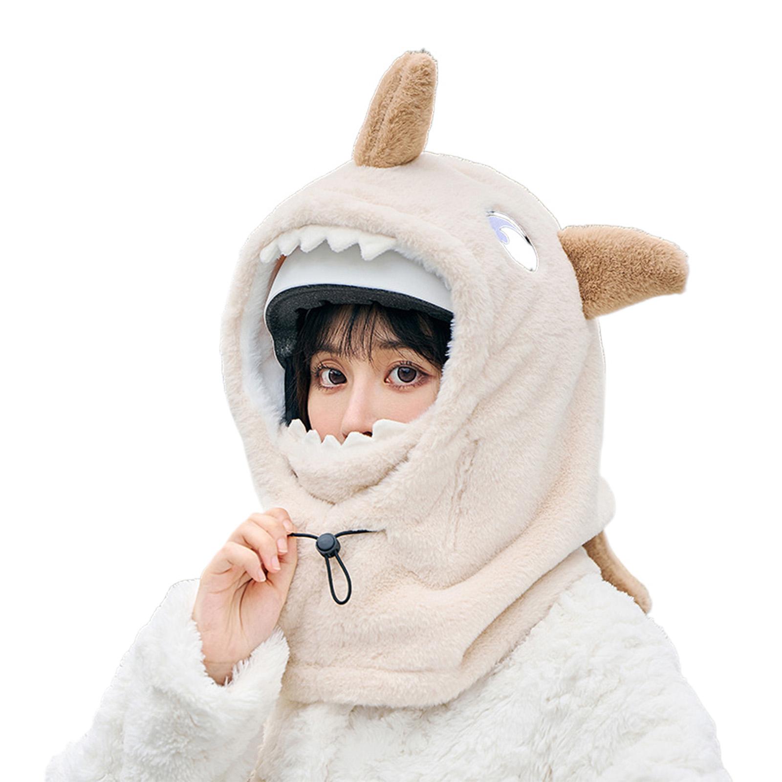 

Lovely Plush Shark Ski Helmet Cover Thicken Warm Winter Hooded Head Protective Mask Hat for Men and Women Outdoor Sport бежевый